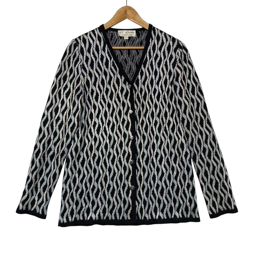 St John‎ Knit Cardigan Sweater Blue Black Geometric Old Money Vintage Size 6